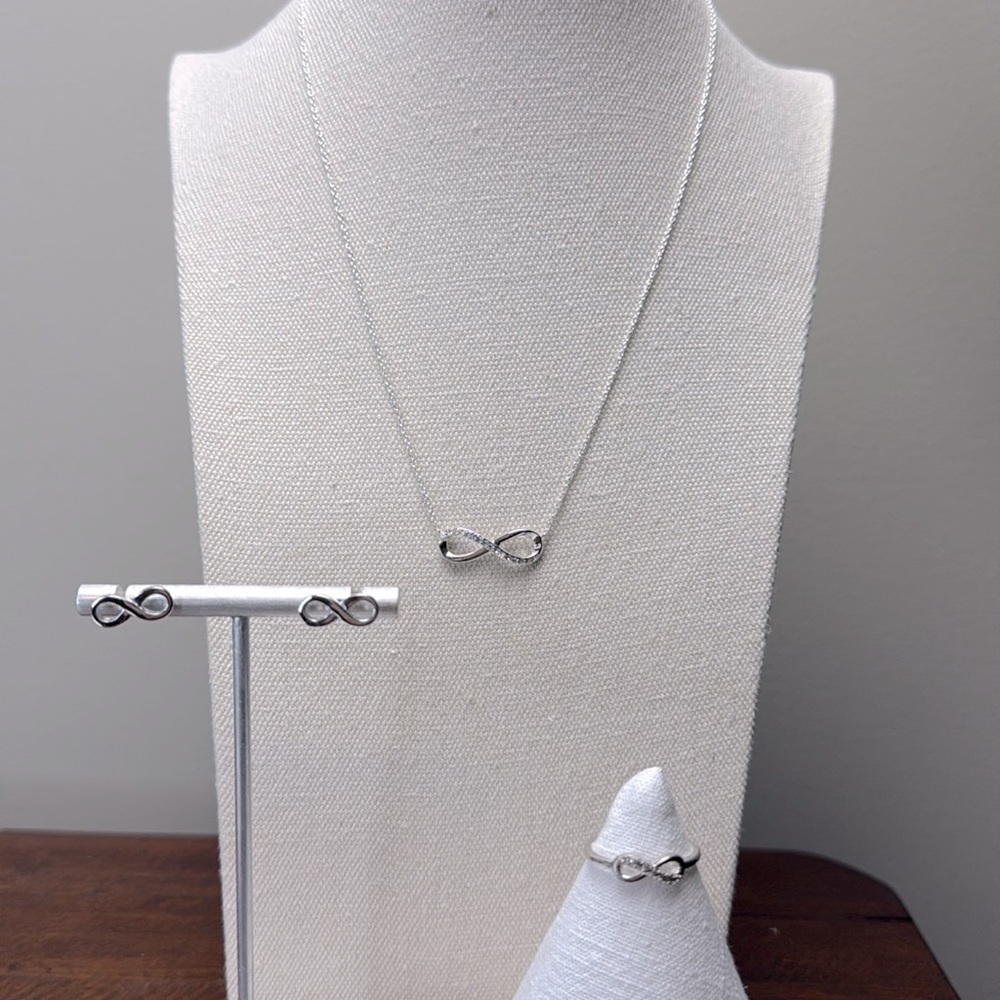 Silver Infinity Necklace Ring Earrings Set